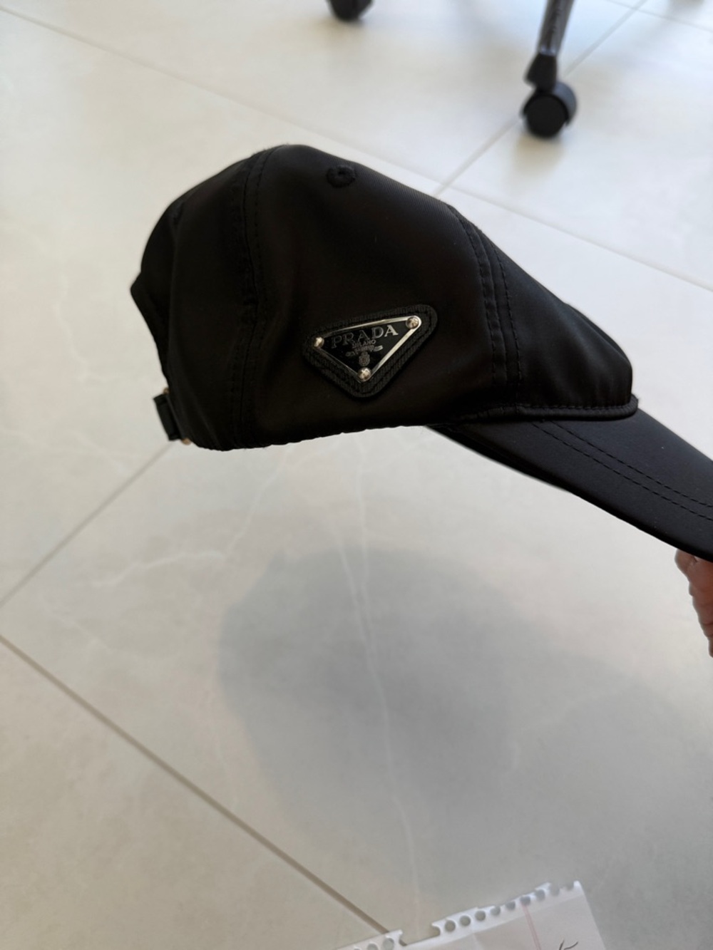 Prada Black Nylon Logo Cap with Silver Triangular Plaque